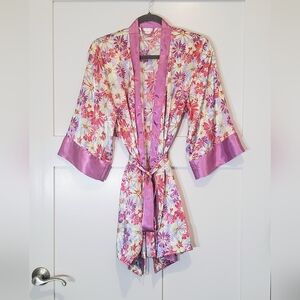 Victoria's Secret Vintage Silky Satin Floral Kimono Robe Short Pink Belted Small